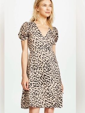 Alice + Olivia Beige Leopard Print Wrap Dress with Puff Sleeves msrp$350 flaws s